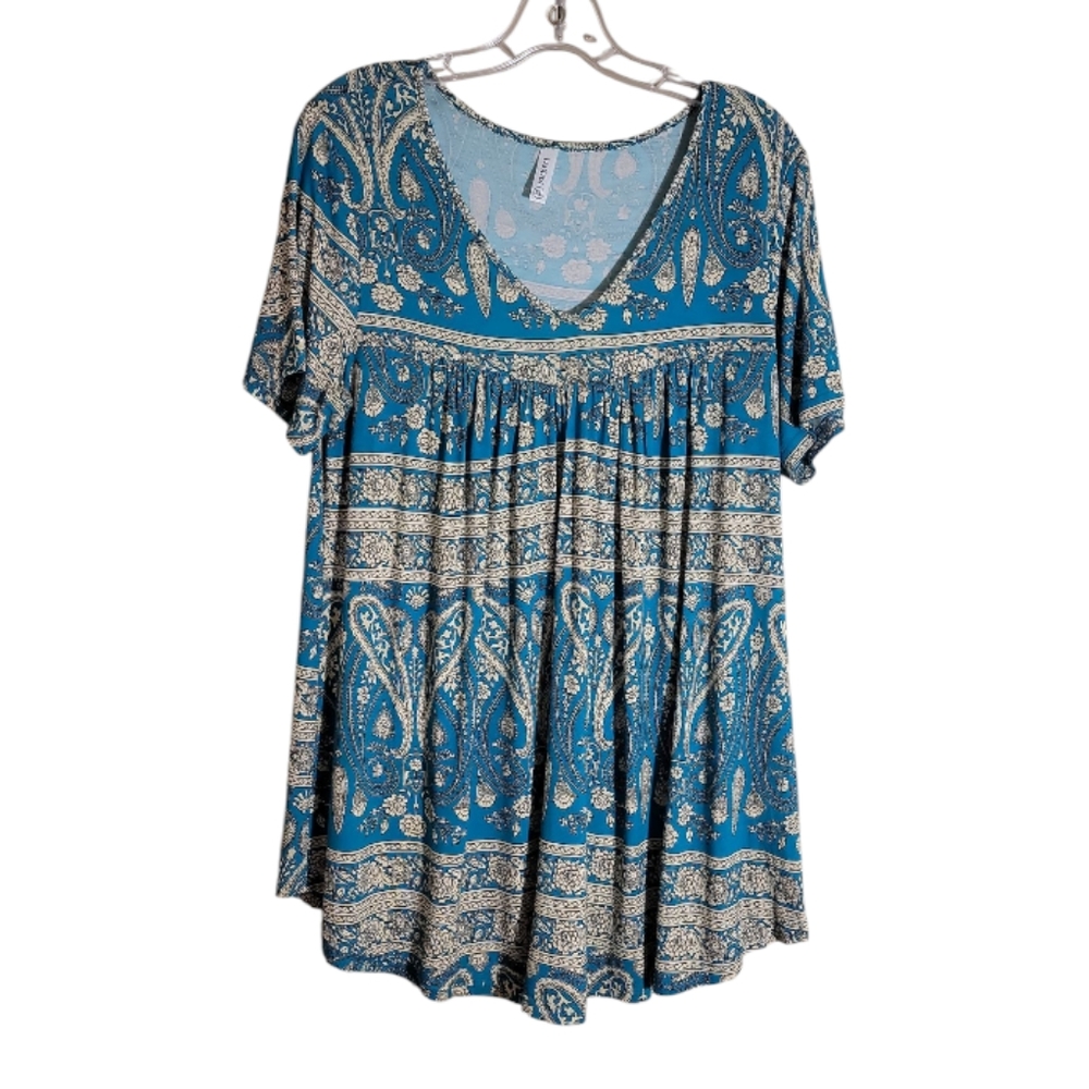 Laolasi blue cream black paisley v neck top short sleeve pleated women’s XL